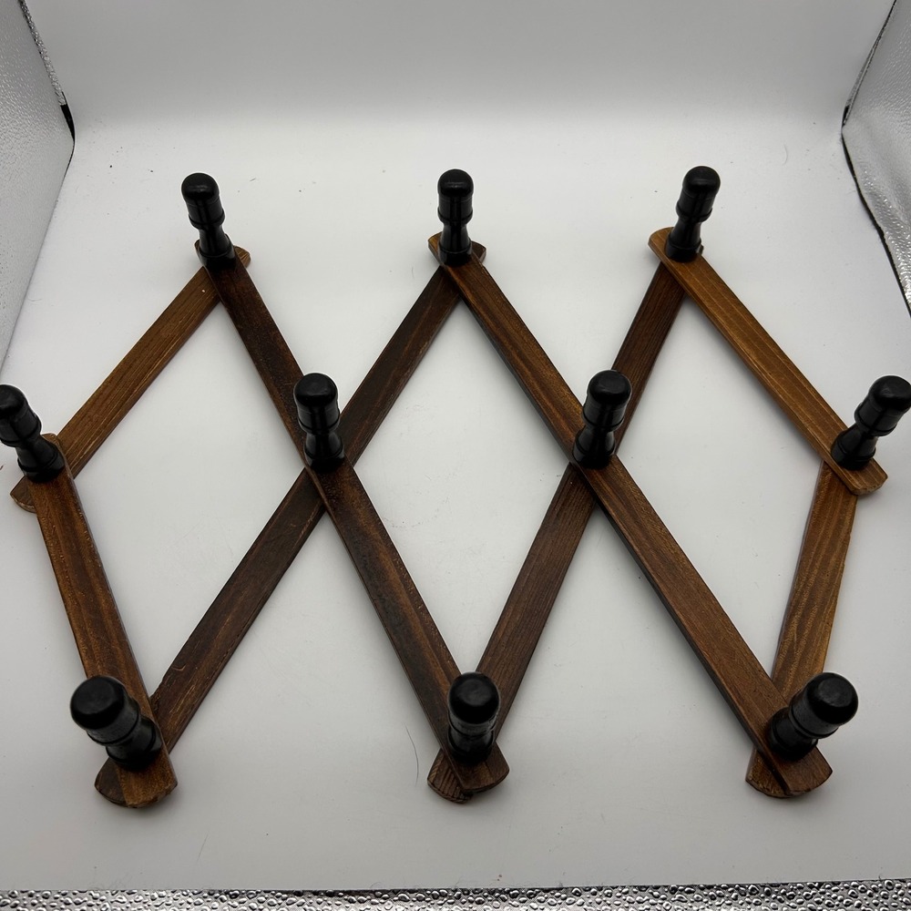 Vintage Wood Accordion Wall Rack 10 Peg Expandable Hat Coat Hanger Dark Brown